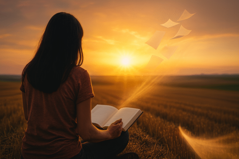 Uma mulher sentada de costas em um campo ao pôr do sol, lendo um livro de onde saem páginas mágicas voando. A imagem simboliza o poder dos livros e a jornada de superação da autora Daia Schmidt, da lavoura para a escrita.