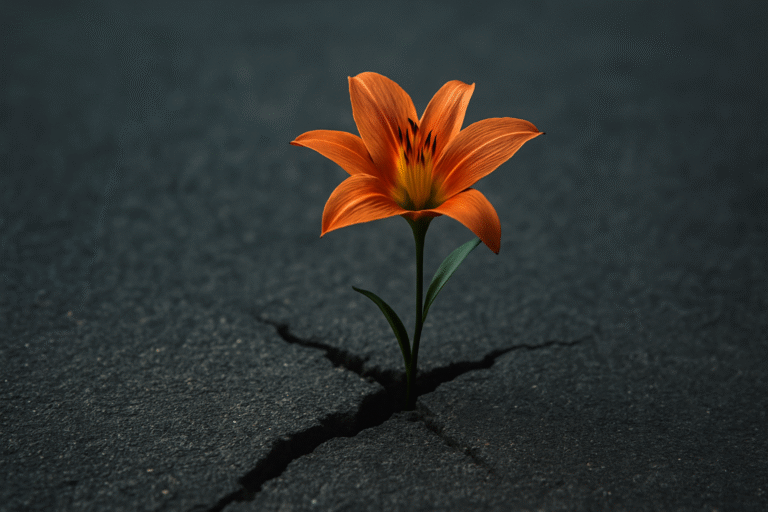 Uma vibrante flor laranja (lírio) crescendo forte e linda através de uma rachadura em um asfalto escuro. A imagem simboliza superação, resiliência e a vida quebrando ciclos difíceis, em referência ao livro "É Assim que Acaba".