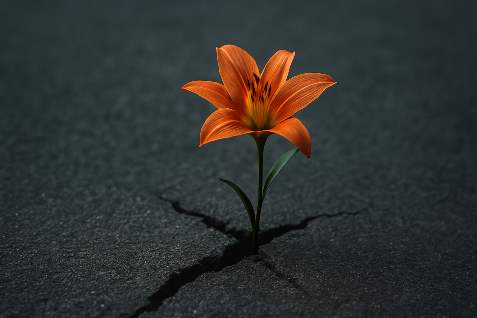 Uma vibrante flor laranja (lírio) crescendo forte e linda através de uma rachadura em um asfalto escuro. A imagem simboliza superação, resiliência e a vida quebrando ciclos difíceis, em referência ao livro "É Assim que Acaba".