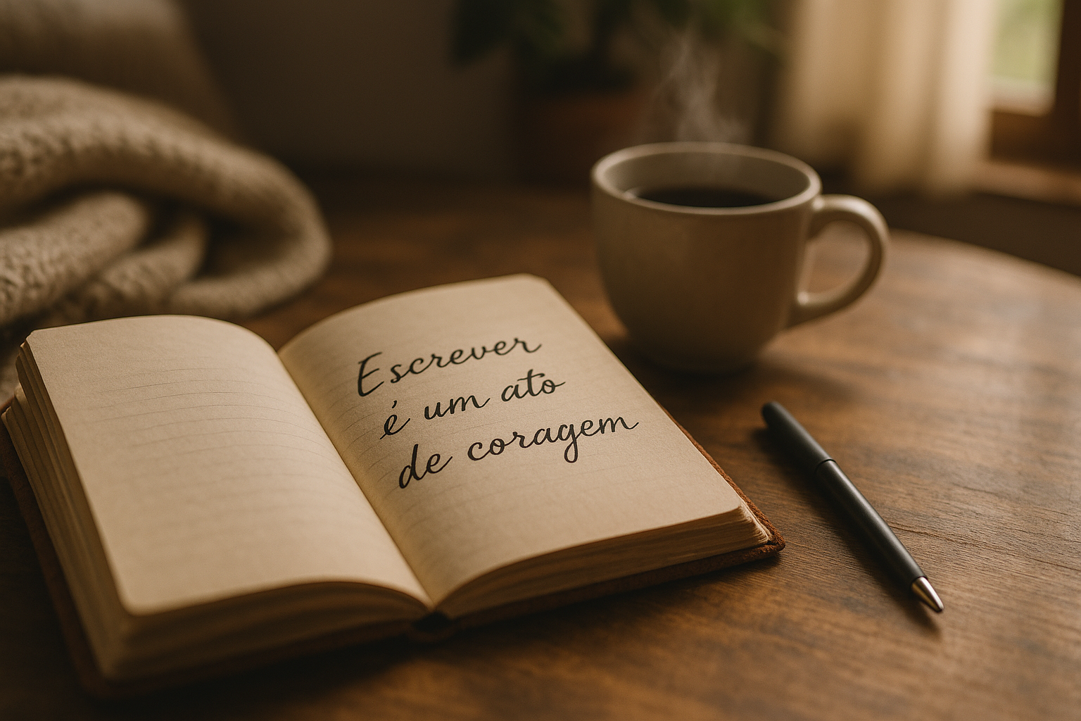 Um caderno aberto com a frase "Escrever é um ato de coragem" escrita à mão, ao lado de uma caneta e uma xícara de café quente, em um ambiente aconchegante. A imagem simboliza o poder transformador dos livros e a coragem de se expressar
