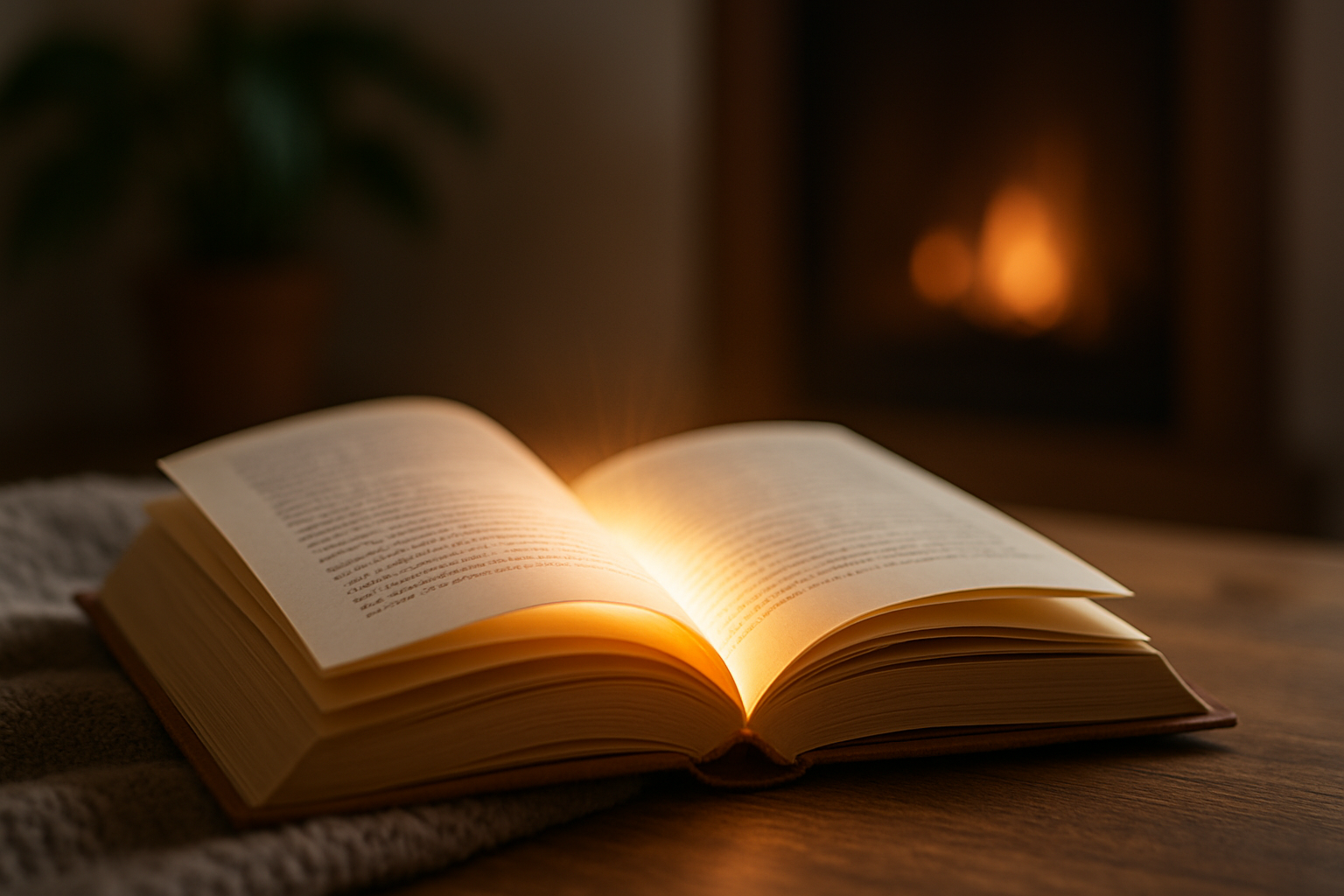 Um livro aberto sobre uma mesa em um ambiente aconchegante, com uma luz mágica e suave emanando de suas páginas. A imagem simboliza a leitura como cura, esperança e um refúgio seguro.