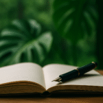 Uma caneta-tinteiro pousada sobre um caderno aberto, com um fundo verde profundo de folhas tropicais (Costela-de-Adão) desfocado. A imagem simboliza a força e as raízes da literatura nacional e das escritoras brasileiras.