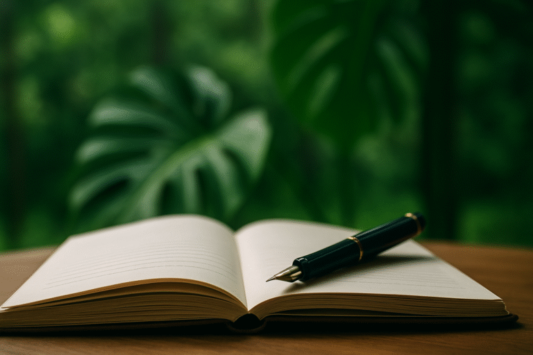 Uma caneta-tinteiro pousada sobre um caderno aberto, com um fundo verde profundo de folhas tropicais (Costela-de-Adão) desfocado. A imagem simboliza a força e as raízes da literatura nacional e das escritoras brasileiras.