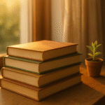 Uma pilha de livros antigos iluminada por um raio de sol suave, com uma pequena planta ao lado. A imagem simboliza livros que trazem conforto, inspiração e cura para quem busca um novo sentido na vida.