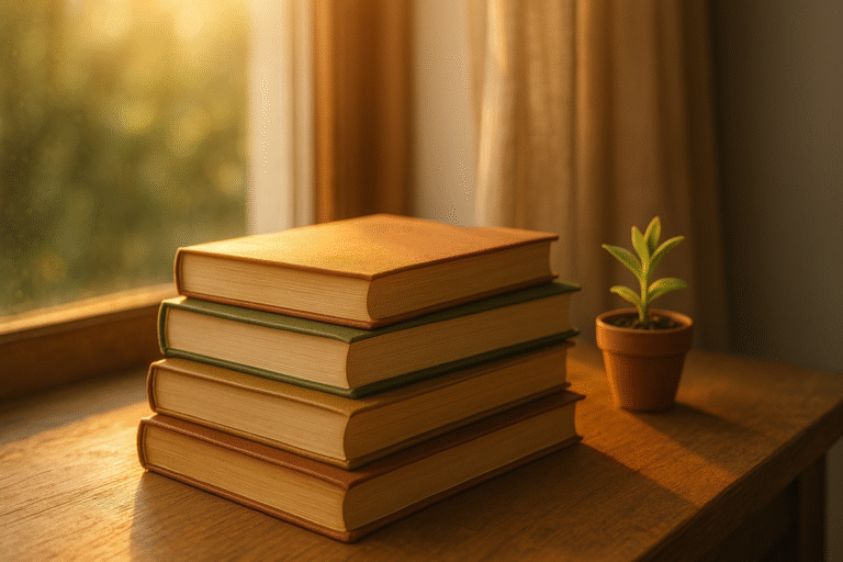 Uma pilha de livros antigos iluminada por um raio de sol suave, com uma pequena planta ao lado. A imagem simboliza livros que trazem conforto, inspiração e cura para quem busca um novo sentido na vida.