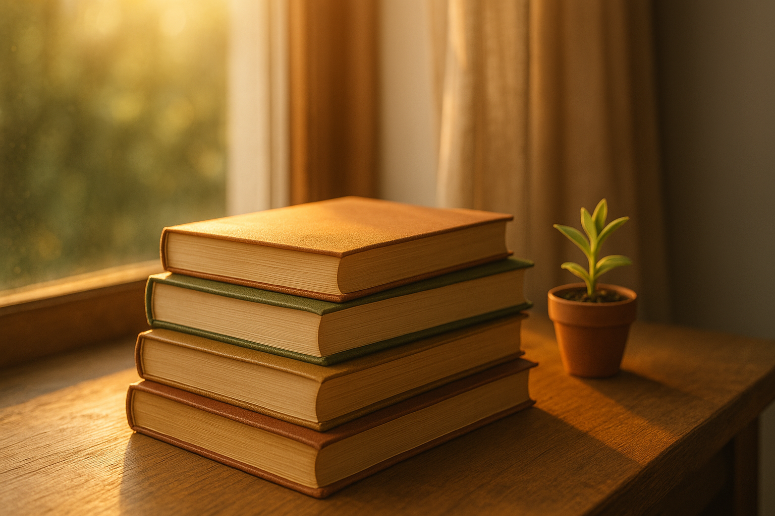 Uma pilha de livros antigos iluminada por um raio de sol suave, com uma pequena planta ao lado. A imagem simboliza livros que trazem conforto, inspiração e cura para quem busca um novo sentido na vida.