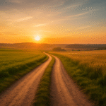 Uma estrada de terra serpenteando por um vasto campo verde sob um pôr do sol vibrante. A imagem simboliza a jornada de vida, superação e propósito, remetendo à biografia "Minha História" de Michelle Obama.