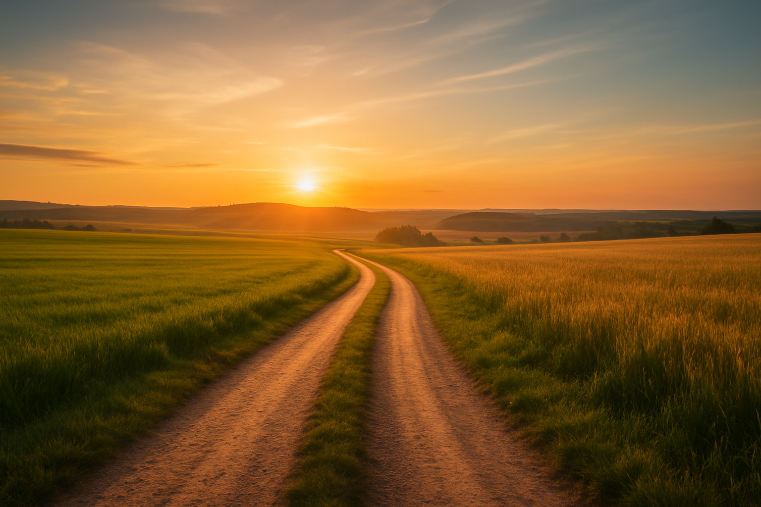 Uma estrada de terra serpenteando por um vasto campo verde sob um pôr do sol vibrante. A imagem simboliza a jornada de vida, superação e propósito, remetendo à biografia "Minha História" de Michelle Obama.