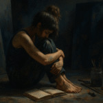 Mulher sentada no chão de um ateliê escuro, abraçando os joelhos, com a cabeça baixa e uma expressão de profunda introspecção ou tristeza. Ela está descalça e suas roupas e pele têm leves manchas de tinta. Ao seu lado, há um livro aberto, pincéis e telas, sugerindo uma artista imersa em seu silêncio e pensamentos. A imagem evoca os temas de segredo, dor e autoconhecimento do livro 'A Paciente Silenciosa