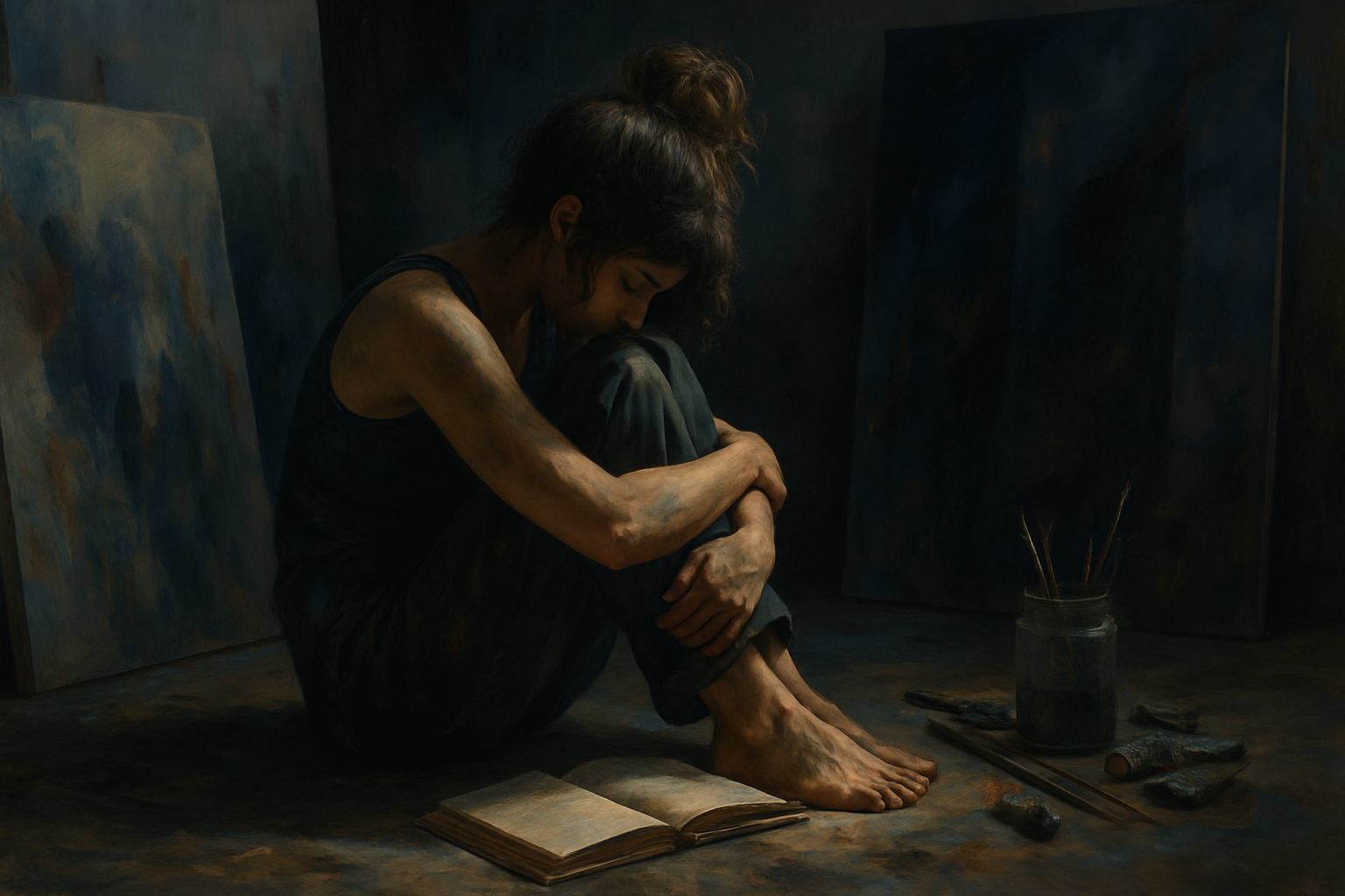 Mulher sentada no chão de um ateliê escuro, abraçando os joelhos, com a cabeça baixa e uma expressão de profunda introspecção ou tristeza. Ela está descalça e suas roupas e pele têm leves manchas de tinta. Ao seu lado, há um livro aberto, pincéis e telas, sugerindo uma artista imersa em seu silêncio e pensamentos. A imagem evoca os temas de segredo, dor e autoconhecimento do livro 'A Paciente Silenciosa