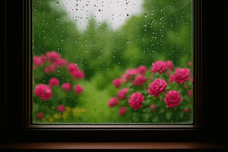 Gotas de chuva em uma janela de vidro, com um jardim de rosas cor-de-rosa ao fundo. A imagem simboliza o despertar para a beleza nos momentos simples, como o cheiro da chuva e as rosas do jardim da mãe, tema do post "Viver é diferente de estar vivo".