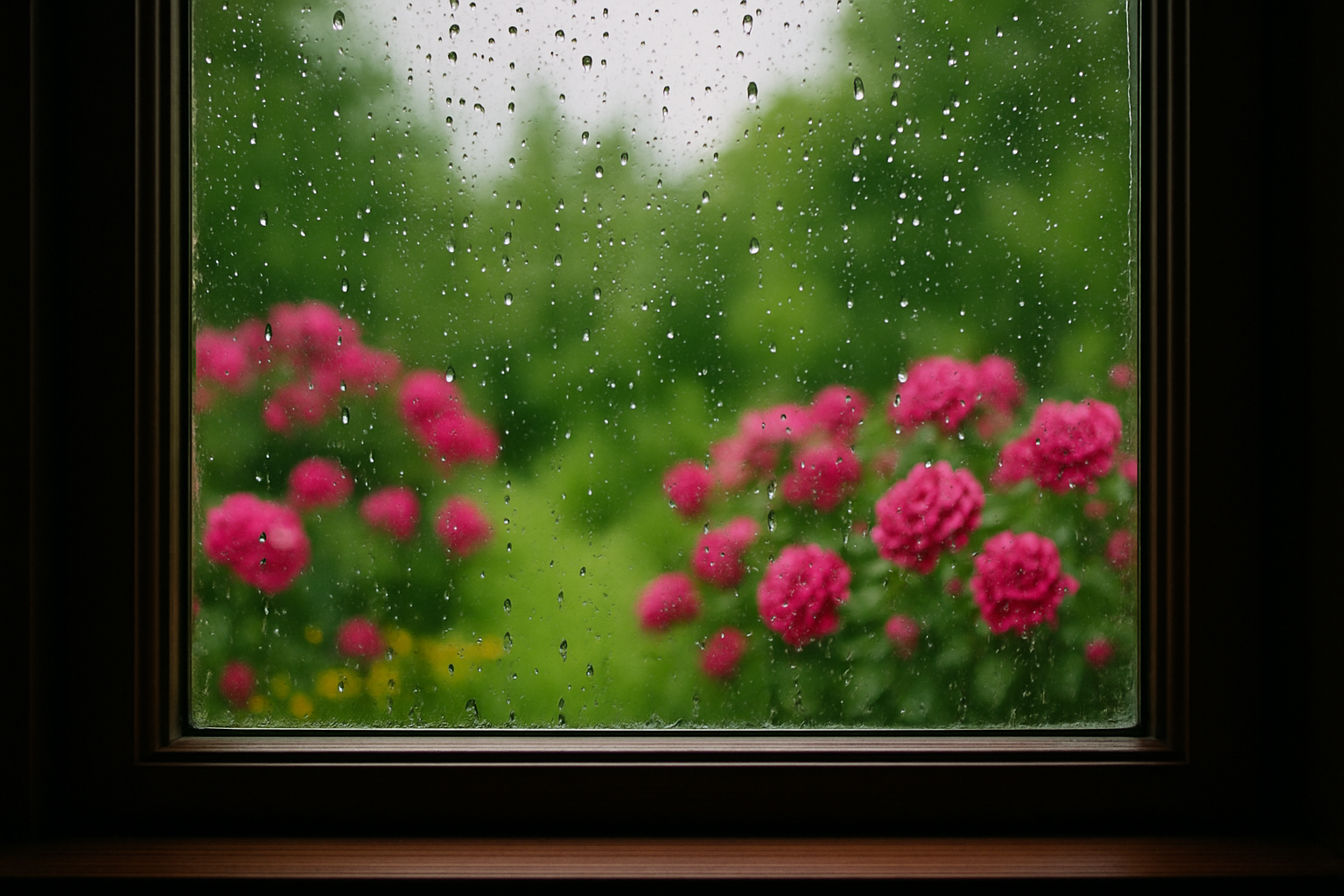 Gotas de chuva em uma janela de vidro, com um jardim de rosas cor-de-rosa ao fundo. A imagem simboliza o despertar para a beleza nos momentos simples, como o cheiro da chuva e as rosas do jardim da mãe, tema do post "Viver é diferente de estar vivo".